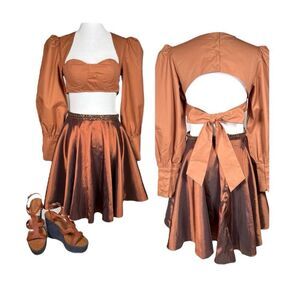 Hanifa Kayla Bustier Long Sleeve Crop Top Princess Poof Sleeves Brown NWT 2XS